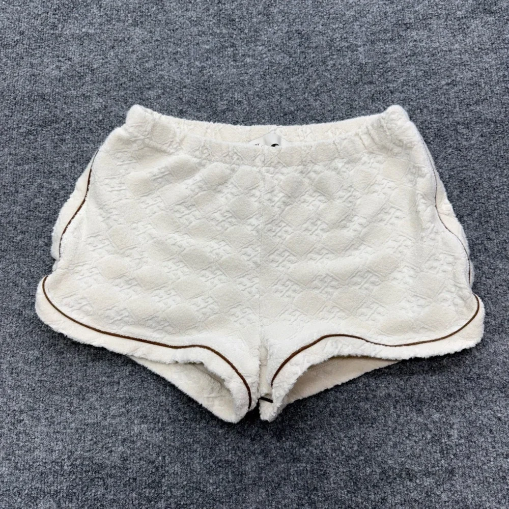 Tory Burch Ivory T-Monogram Terry Cloth Lounge Shorts Small Cream Piping